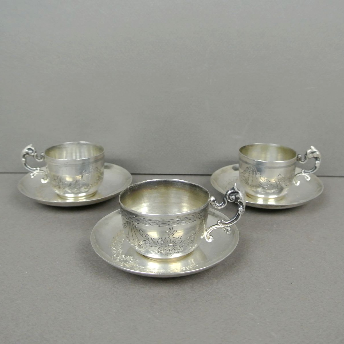Lot of 3 Cups & Saucers Silver Heirloom JSC White Demitasse Espresso Coffee  Tea