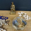 Gilded lead Virgin Mary, paperweight & 2 blue and white rosaries