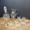 Antique decanter & 8 engraved Czechoslovakian crystal wine glasses