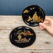 2 Black lacquered paper mache coasters with chinoiseries