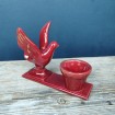Vintage burgundy glazed ceramic ashtray, candle-holder or egg cup with bird