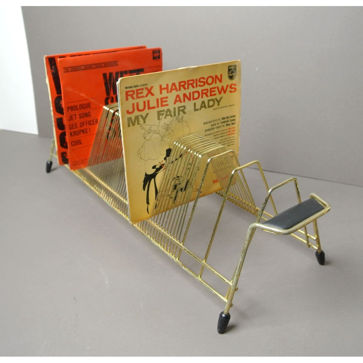 Rack vintage métal doré rangement disques vinyles